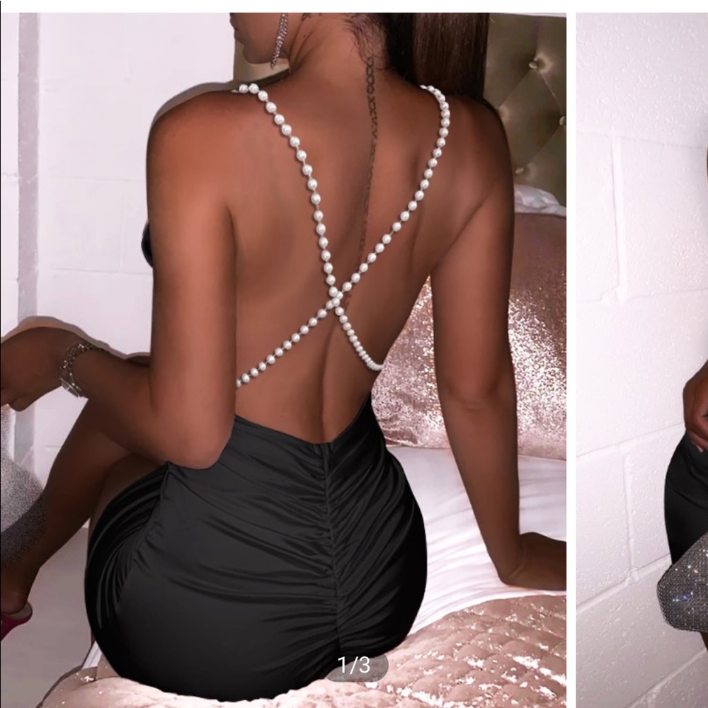 Satin Pearls Strap Backless Ruched Bodycon Dress